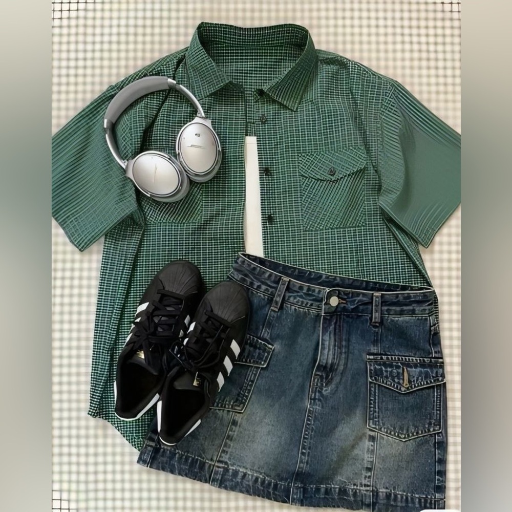 Green Plaid Button Up Short Sleeve Shirt